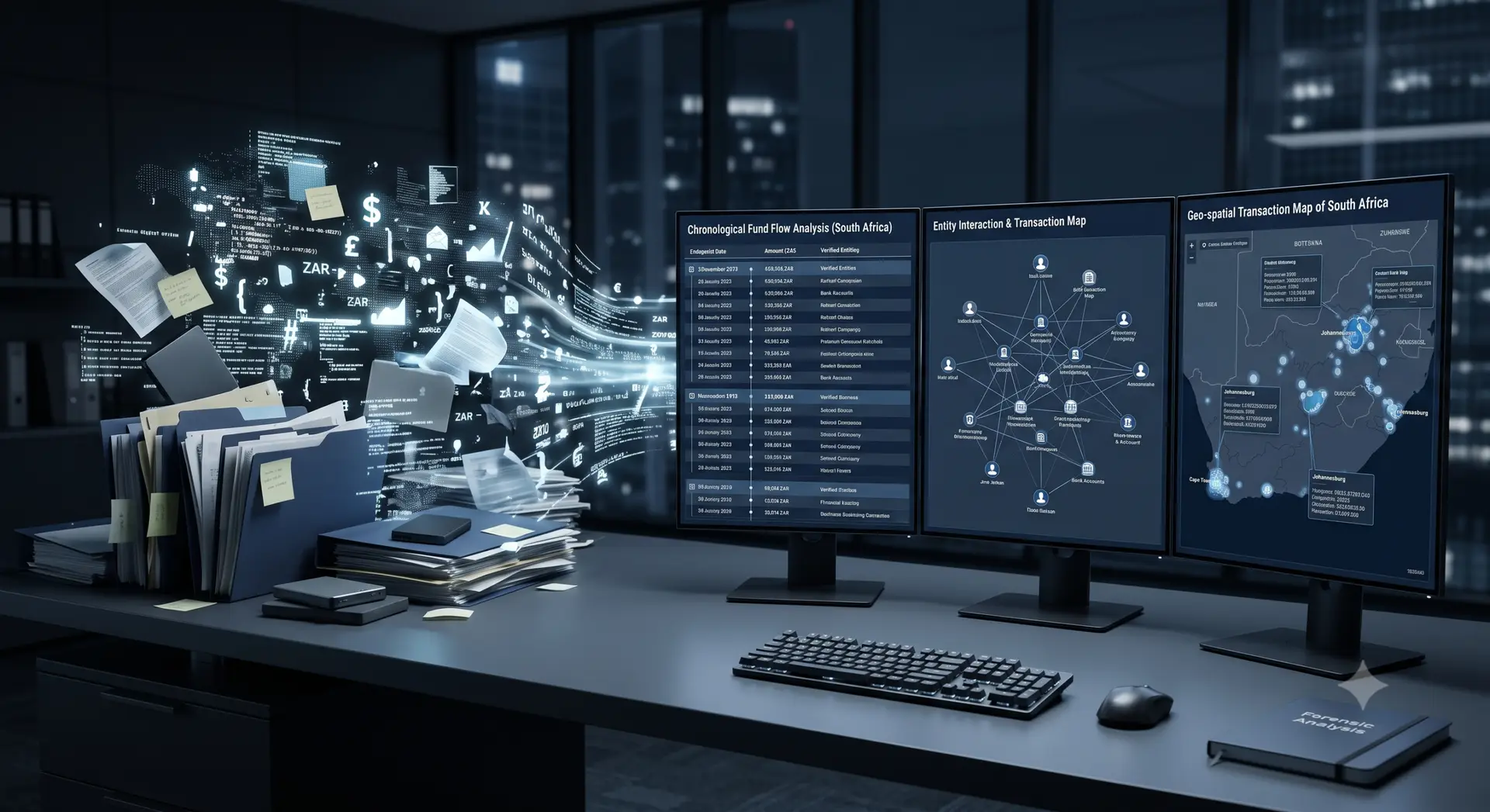 Indaba Forensics data architecture displaying chronological fund flow analysis and transaction mapping for South African litigation.